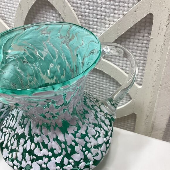 Art Pilgrim Glass Vase & Mini Pitcher Pair Green White Speckled Clear Handle - Picture 7 of 10